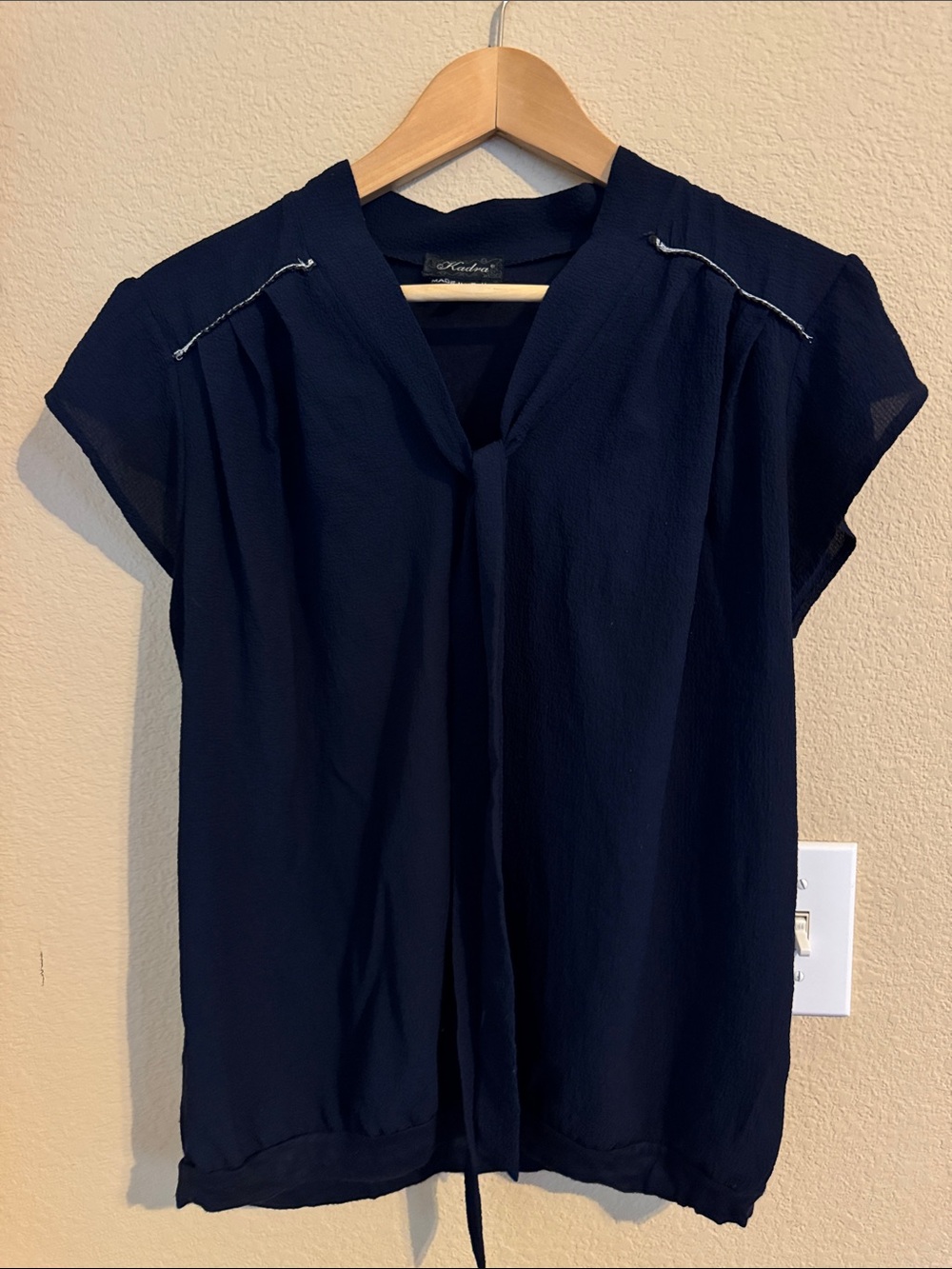 Italian Navy Short-Sleeve V-Neck Blouse with Shoulder Piping